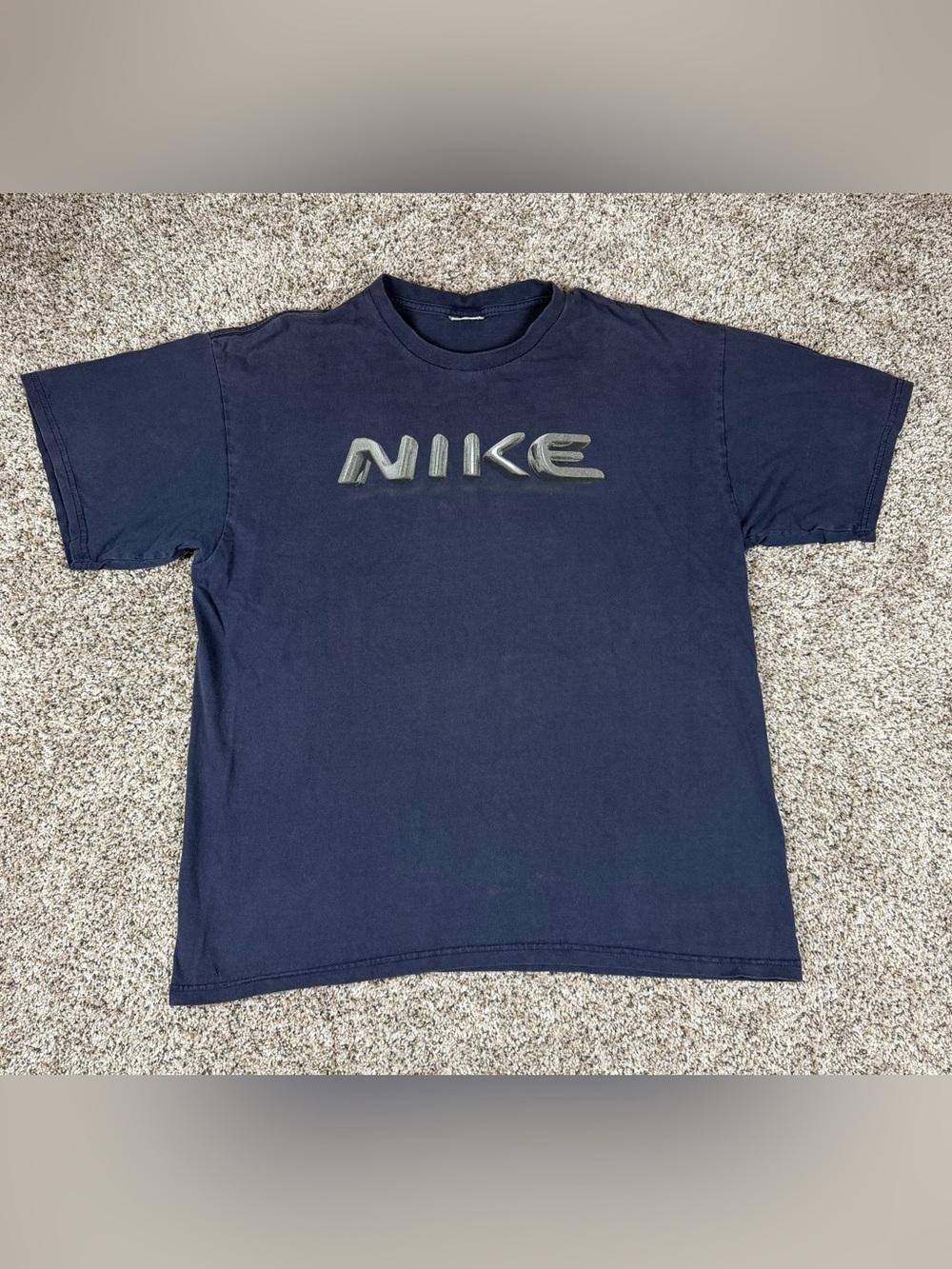 Vintage Y2K Sz Large Men’s Nike Spellout Logo Short Sleeve Shirt Navy Blue